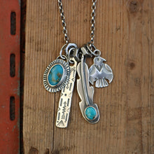 Load image into Gallery viewer, Bandits Mine turquoise Feather + Thunderbird Reworked Necklace