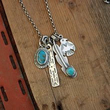 Load image into Gallery viewer, Bandits Mine turquoise Feather + Thunderbird Reworked Necklace