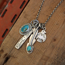 Load image into Gallery viewer, Bandits Mine turquoise Feather + Thunderbird Reworked Necklace