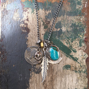 Compass Turquoise Pendant and Vintage Skull Reworked Necklace