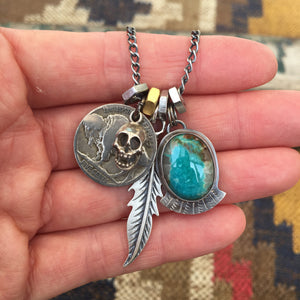 Compass Turquoise Pendant and Vintage Skull Reworked Necklace